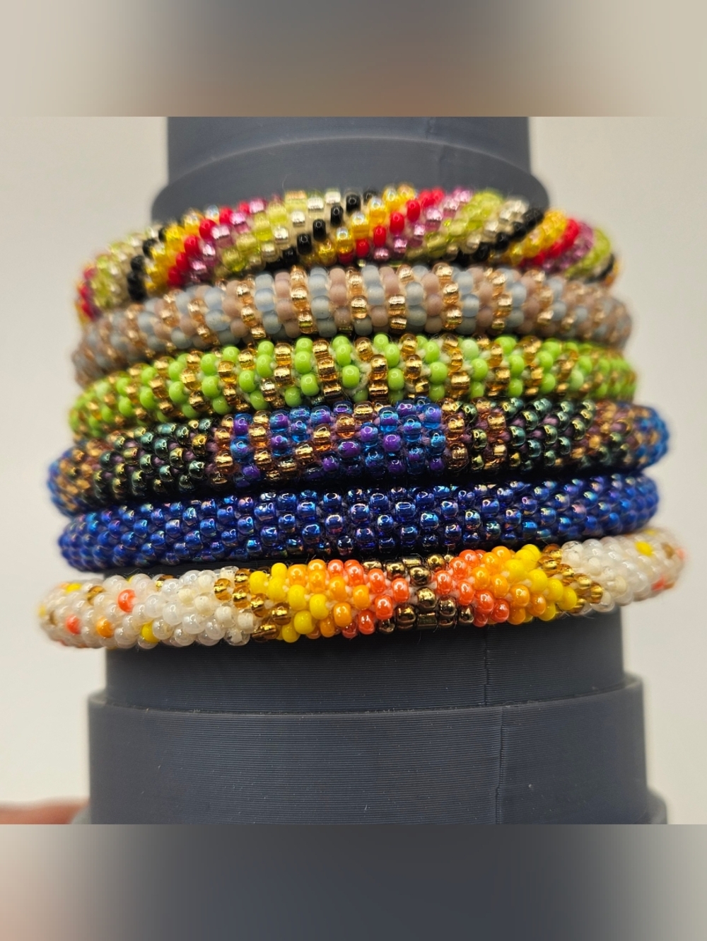 Lot of 6 Vintage Roll-On Seed Bead Crochet Bracelets - Boho Stacker Set